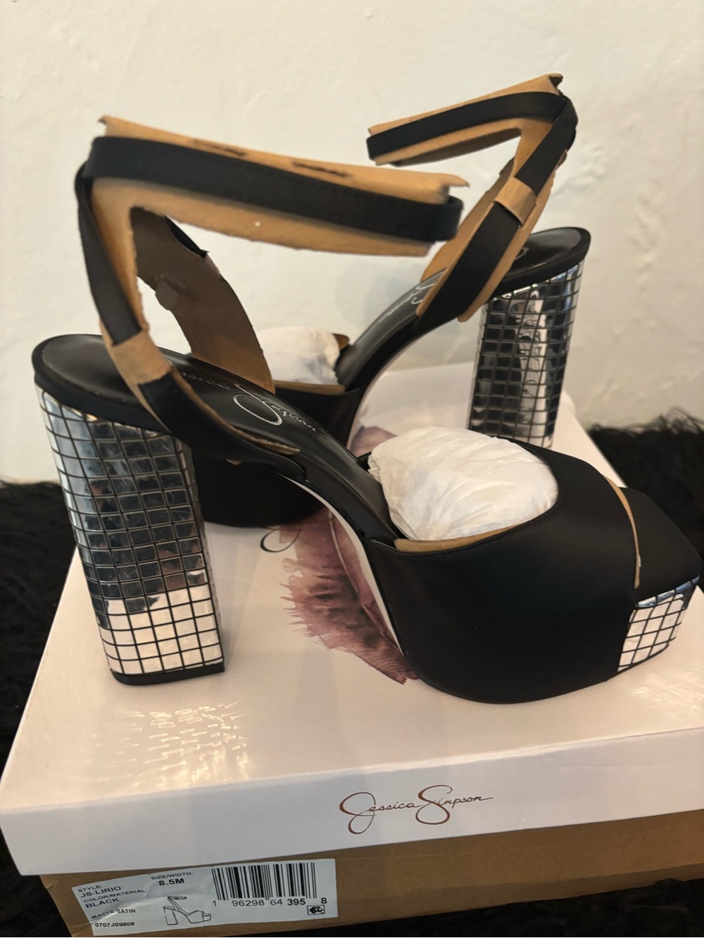 Jessica Simpson Black Mirrored Mosaic Platform Heels Size 8.5M NWT